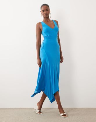 Asos vestito midi con scollo a V e fondo a punta in blu acceso