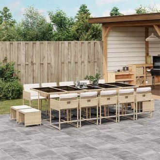vidaXL Set Comedor De Jard&iacute;n Con Cojines 15 Pzas Rat&aacute;n Sint&eacute;tico Beige Vidaxl