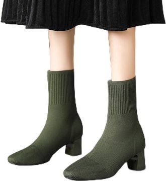 Generic Army Green Womens Fashion Knitted Ankle Boots with Pointed Toe and High Heel Detail for Everyday Fashion and Protection