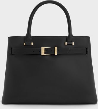 Charles & Keith Voyager Leather Belted Trapeze Tote Bag
