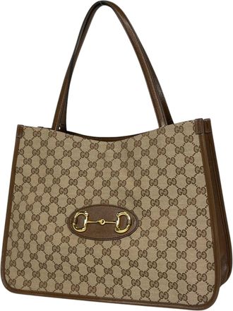 Gucci Beige Brown Gg Canvas Leather Shoulder Bag Tote Bag (Pre-Owned)