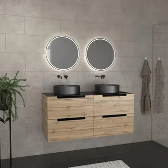 Aurlane Aurlane - Mueble De Ba&ntilde;o 120cm Roble Y Negro, Lavabos Redondos &Oslash;36cm Y Espejos Black Led &Oslash;50cm - Omega