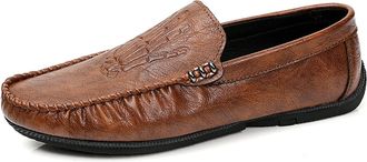 Generic Loafers for Men PU Round Toe Stitching Details Hand Bones Embossed Flexible Lightweight Flat Heel Anti-Slip Comfortable Party Slip-ons(Brown,6.5 UK)
