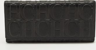Carolina Herrera Black Monogram Embossed Leather Flap Continental Wallet