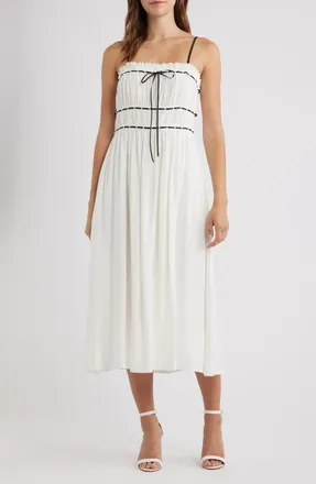 Lulus Ilse Front Tie Midi Dress in White/black at Nordstrom, Size X-Small