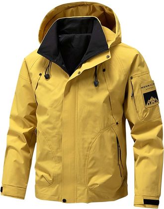 Generic Waterproof Jacket Mens Hooded Outdoor Jackets with Zip Pockets Long Sleeve Relaxed Fit Rain Jacket Plain Colour Casual Tactical Jackets Autumn Fishing