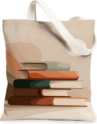 Generic Books Stack Canvas Tote Bags, Artistic Literature Design Reusable Grocery Bags, Lightweight Washable Shoulder Strap Canvas, Beige, 13x15 Inch