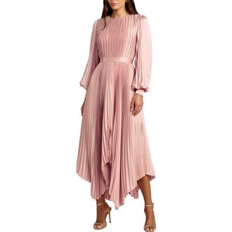 Mac Duggal Long Sleeve Pleated Charmeuse Handkerchief Dress in Blush at Nordstrom, Size 18