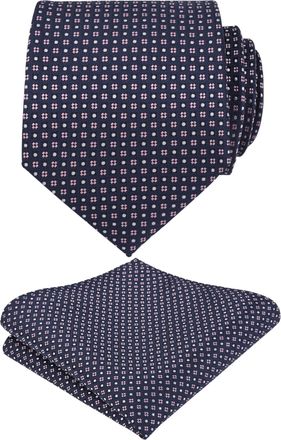 Alizeal Mens Formal Regular Patterned Tie and Hanky for Business Necktie and Pocket Square Set, Dark Navy+Pale Pink