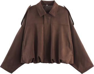 Generic Womens Faux Suede Bomber Jacket Winter Lapel Pilot Coat Ladies Casual Oversized Streetwear Y2K Batwing Sleeve Loose Fit Jacket with Zip Button Closure