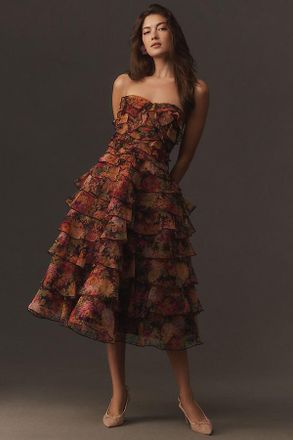 BHLDN Strapless Tiered Ruffled Midi Dress