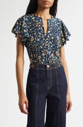 Ulla Johnson Adoni Floral Silk Split Neck Top in Midnight Garden at Nordstrom, Size 16