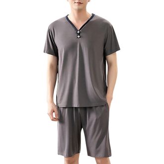 Generic Pyjamas for Men Mens Sleepwear Soft Smooth Short Sleeve Short Pant Sleepwear Man with Pockets Two Piece Pajamas (Dark Gray, XXXXL)