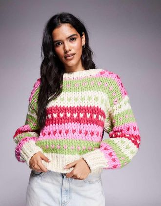 Kiwi & Co Gingerbread - Maglione lavorato a mano in misto lana rosa e lime con motivo Fair Isle a cuori-Multicolore