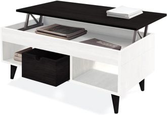 HOGAR 24 Mesa Centro Elevable Madera Caj&oacute;n Deslizante Color Blanco y Negro