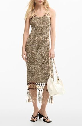 Desigual Macram&eacute; Strap Fringe Sweater Dress in Brown at Nordstrom, Size Medium