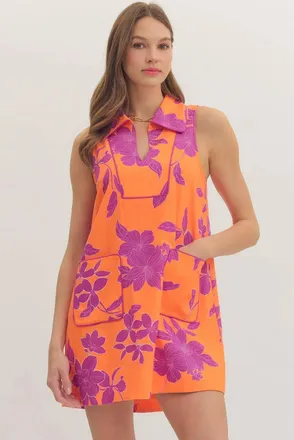 Entro Floral Collared Shift Dress In Orange