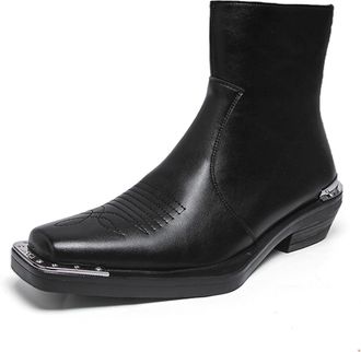 Generic Mens Leather Chunky Heel Chelsea Boots Fashion Metal Decoration Square Toe Side Zip Dress Boots Comfortable Business Casual Ankle Boot (6.5,Black 2)