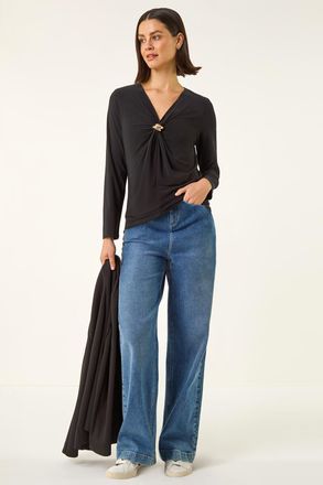 Roman V-Neck Metal Trim Stretch Top