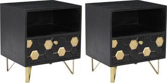 Vente-Unique Lote de 2 mesitas de noche con 1 caj&oacute;n y 1 hueco - Madera de mango y metal - Negro y dorado - BELORI