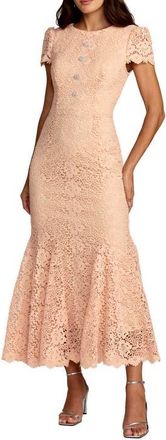 Mac Duggal Embroidered Lace Cap Sleeve Midi Dress in Peach at Nordstrom, Size 16