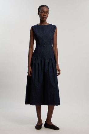 Karen Millen Womens Denim Dropped Waist Full Skirted Midi Dress - Indigo Blue - Size 14 UK