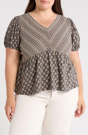 Lucky Brand V-Neck Mix Print T-Shirt in Black Floral at Nordstrom Rack, Size 1X