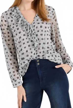 Nic+Zoe Dotty Squares Ruffle Top In Grey Multi