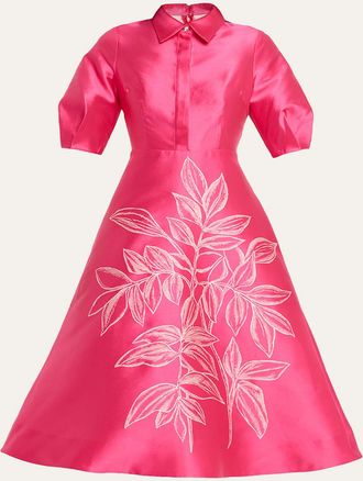 Teri Jon Puff-Sleeve Gazar Midi Shirtdress