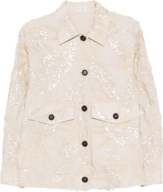Brunello Cucinelli Beige Embellished Shirt Collar Jacket