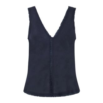 P.A.R.O.S.H. Linnen Top zonder Mouwen met V-hals en Franjes - Dames - Tops zonder mouwen - Blauw - S - Linnen - Tops