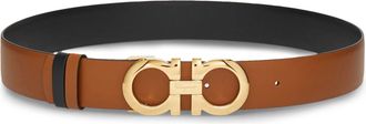 Ferragamo Brown Leather Belt with Gold-Tone Double Gancini Buckle