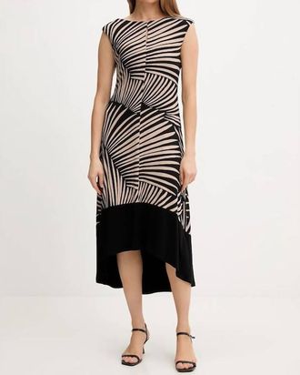 Joseph Ribkoff Tropical Print High Low Sleeveless Dress In Black/dune