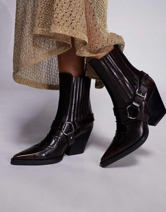 Simmi London Simmi London - Esperanza - Stivaletti medi stile cowboy marroni in pelle sintetica con fibbie-Marrone