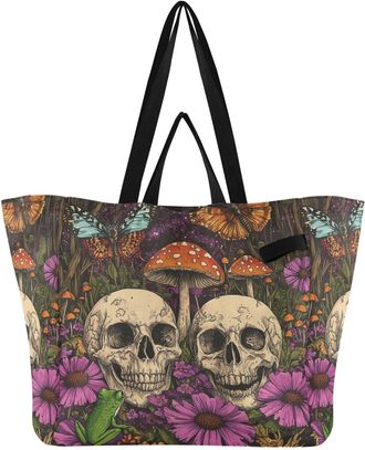 Generic Mushroom Skull White pattern Reusable Canvas Tote Bag, Heavy Duty Grocery Shopping Bag with Large Capacity Hard Bottom Double Handles Work Groceries T
