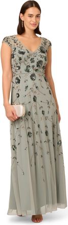 Adrianna Papell Womens Long Beaded Dress - Green - Size 10 UK