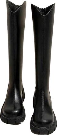 Generic Womens Pleated Knee High Boots Pointed Toe Square Heel Zipper Long Shoes
