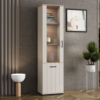 Dmora Vitrina Entrac, Mueble Expositor 4 Estantes, Una Puerta, Con Patas, Detalle De Cristal En Puerta, 50x36x191h Cm Blanco Crema