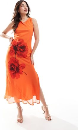 Asos placement print column midi dress in orange floral print-Multi