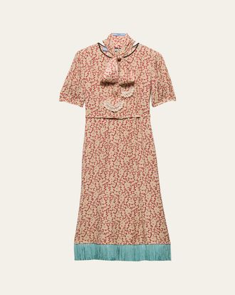 Prada Sable Floral Midi Dress with Scarf Tie