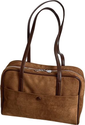 Generic Faux Suede Vintage Tote Handbag Retro Briefcase Casual Shoulder Bag (Brown)