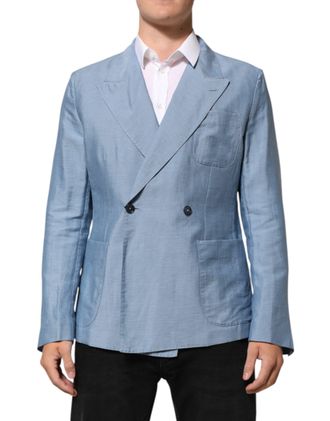 Dolce & Gabbana Light Blue Linen Double Breasted Men Jacket Mens Blazer
