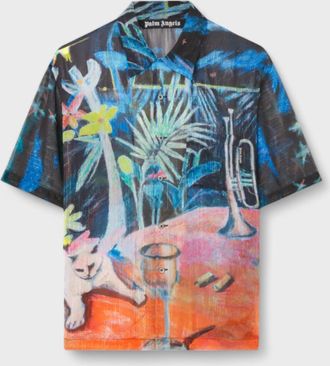 Palm Angels Mens Oil On Canvas Button-Up Bowling Shirt Black/Multicolour - Size Small