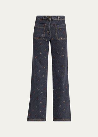 Etro Patch Pocket Polka-Dot Denim Wide-Leg Jeans