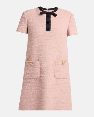 Valentino Garavani V-Logo Pocket Bow-Neck Tweed Mini Dress