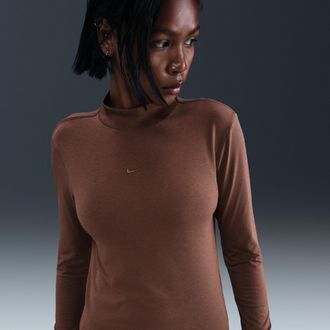 Nike Womens Nike Sportswear Chill Knit Slim Long-Sleeve Mock-Neck T-Shirt in Brown | HV5027-265