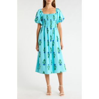 Sugarlips Amena Floral Maray Smocked Cotton Midi Dress in Blue Green at Nordstrom, Size X-Small
