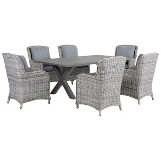 Beliani Conjunto De Comedor De Jard&iacute;n Gris De Rat&aacute;n Sint&eacute;tico Con Mesa Y 6 Sillas Con Cojines Grises Cascais