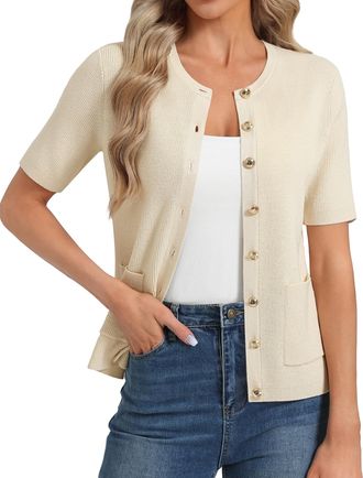 Grace Karin Womens Short Sleeves Solid Knit Cardigan Round Neck Button Tops with Pockets Apricot XL