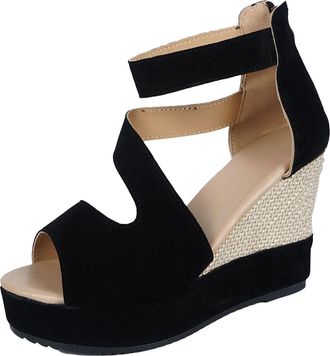 Generic Low Wedge Sandal For Women Open Toe Cutout Straps Espadrille Wedge Ladies Faux Suede Elegant Round Toe Sandals With Back Zipper For Summer